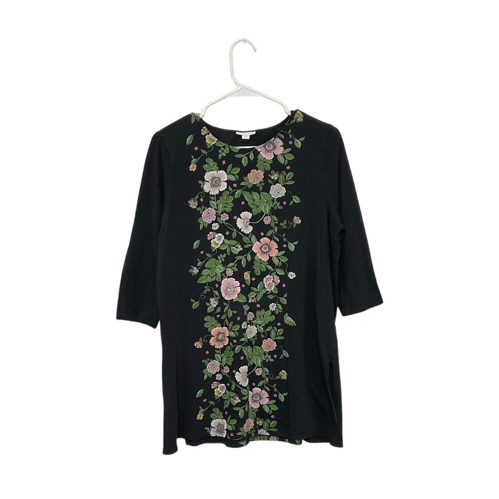 J. Jill Black Floral Panel 3/4 Sleeve Stretchy Tunic Knit Top Women’s Size Large